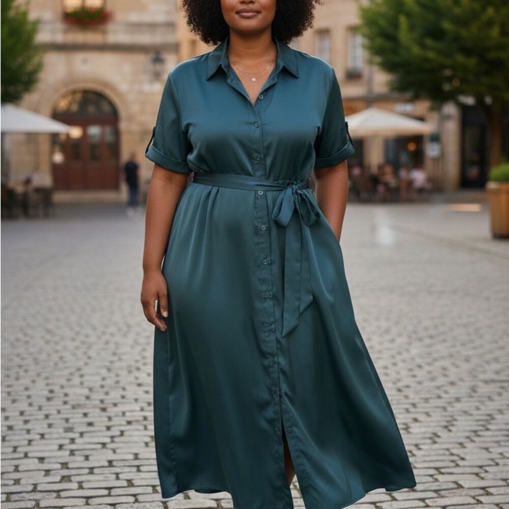 Bloomchic Elegant Hunter Green Shirt Dress with sash waist 18/20